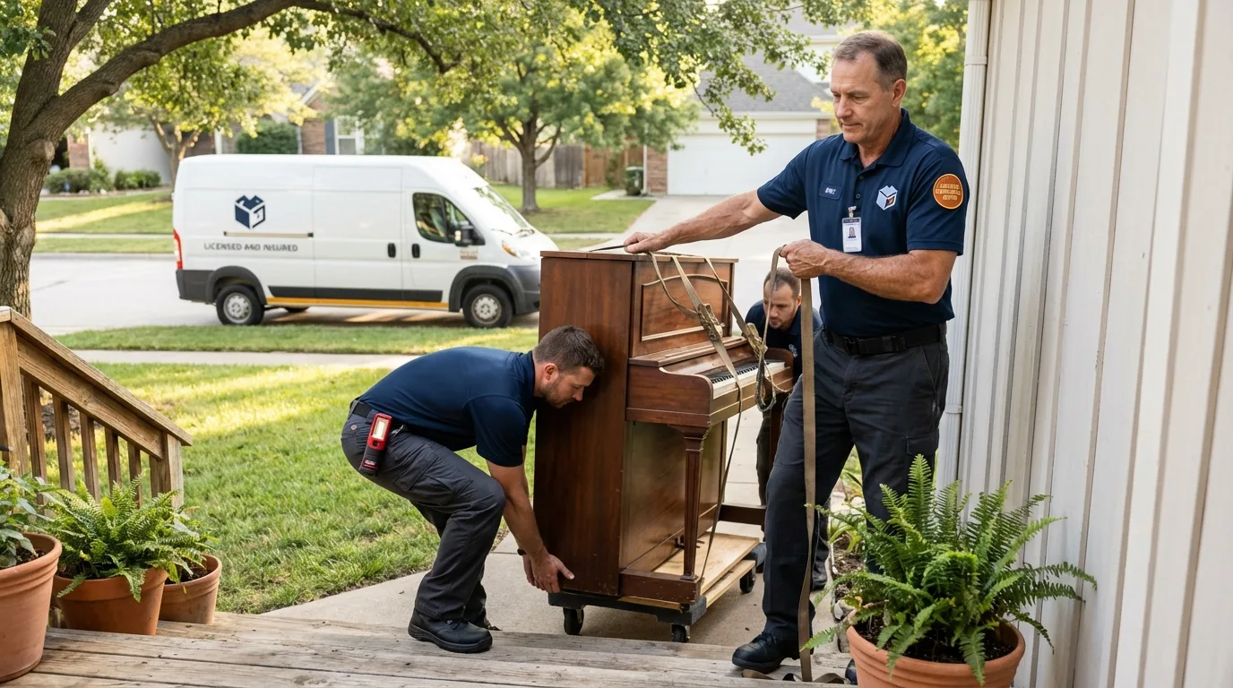 Licensed piano movers securing grand piano in Jetmore, KS