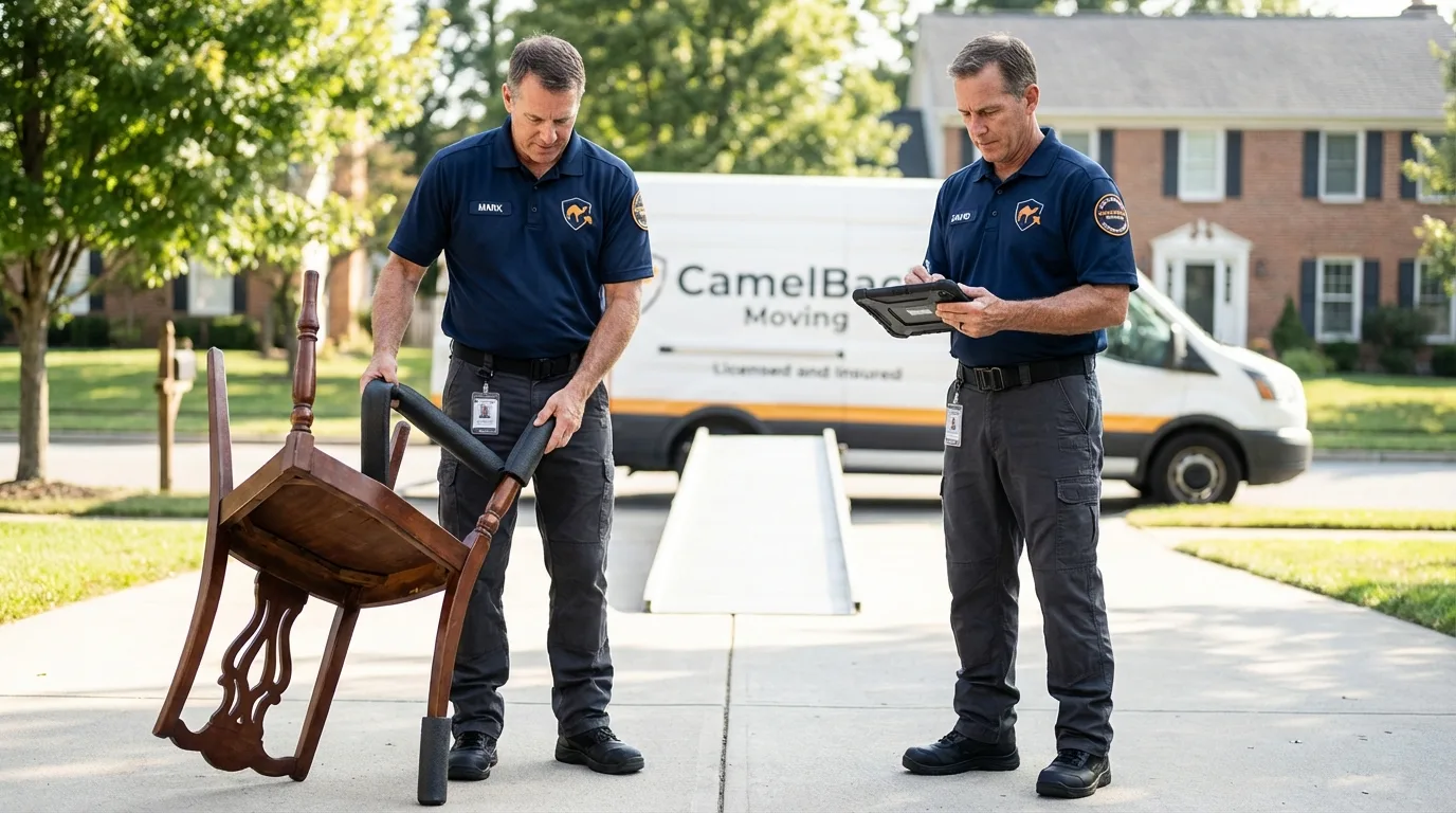 Movers inspecting furniture for damage prevention before loading in Jetmore, KS
